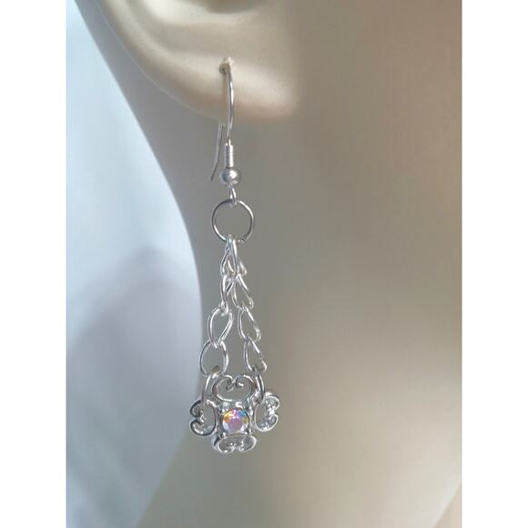 Chandelier Filigree Crystal Dangle Earrings AB Silver Tone Chain Maille Flower - Picture 11 of 12